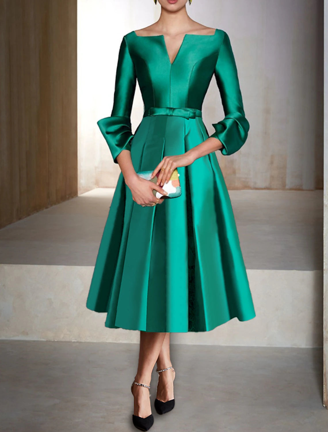 Wholesale A-Line Cocktail Dress Christmas Red Green Dresses Elegant Dress Formal Wedding Guest Tea Length 3/4 Length Sleeve V Neck Satin with Pleats